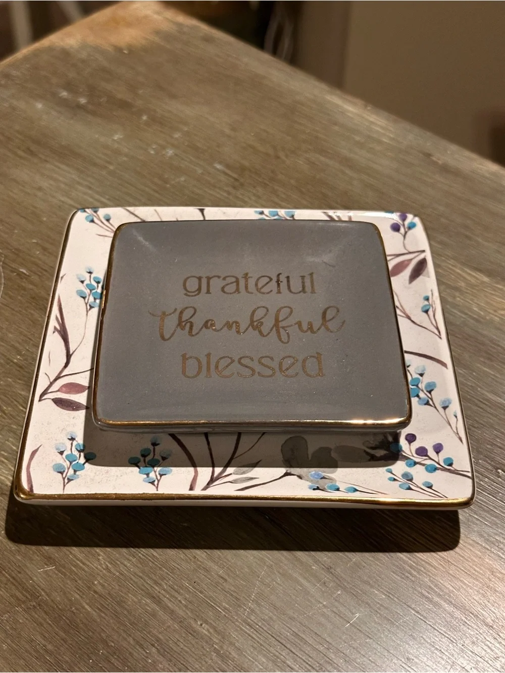 Grateful Thankful Blessed Decorative Trinket Dish - Gray & White